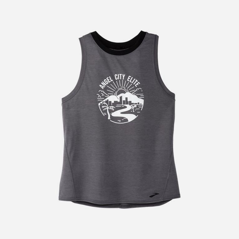 Brooks Houston22 Distance Graphic Israel - Women's Running Tank Top - Shadow Grey/Angel City Elite (